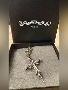 Vintage Chrome Hearts Sterling Silver Skull Cross Pendant Necklace - Silver
